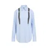 Moschino Couture Light Blue Cotton Striped Shirt With Decorative Straps In Blue