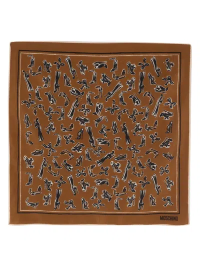 Pre-owned Moschino Shoes-print Silk Scarf In Brown