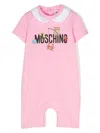 MOSCHINO SHORT PINK PLAYSUIT WITH LOGO AND TEDDY BEAR WITH FISH
