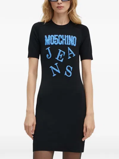 Moschino Short-sleeve Lettering Mini Dress In Black