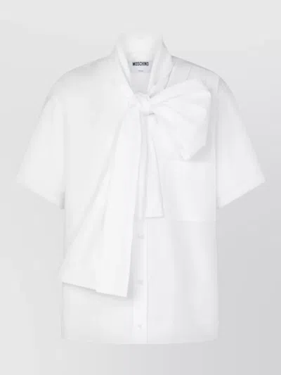 Moschino Short Sleeve Silk Nylon Top Bow Pocket In White
