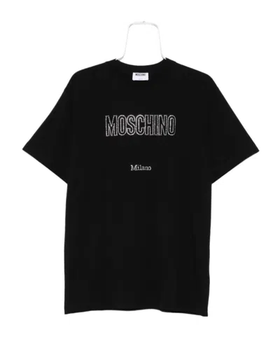 Moschino Crystal Logo Crew Neck T-shirt With Short Sleeves In Black