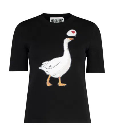 MOSCHINO GOOSE-MOTIF SHORT-SLEEVE COTTON SWEATER