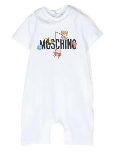 Moschino Babies' Short White Playsuit With Logo And Teddy Bear With Fish