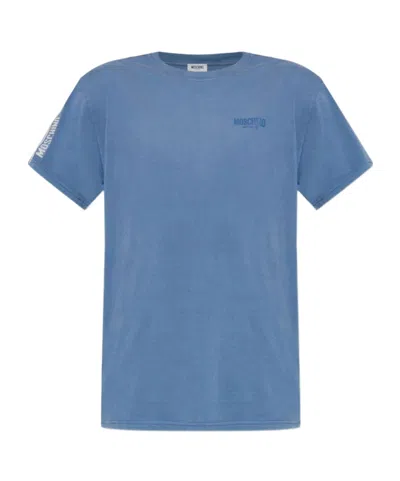 Moschino Crew Neck Short Sleeve Nylon Silk Shirt In Blue