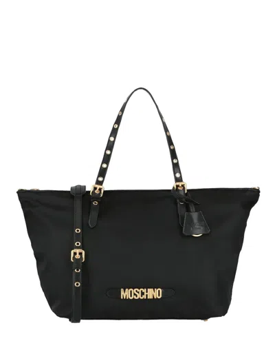 Moschino Signature Logo Nylon Tote Bag In Black
