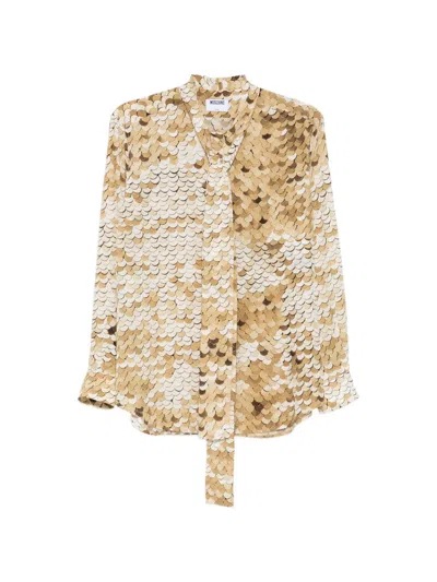 Moschino Silk And Nylon Scalloped Patterned Top With Tie Detail In Neutral