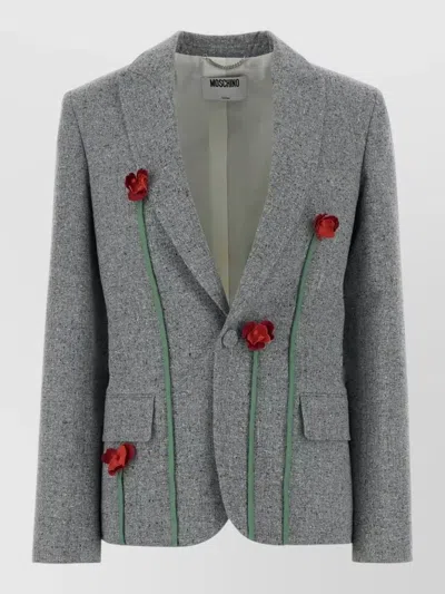 Moschino Silk Blend Blazer Single Breasted Floral Appliqués In Gray