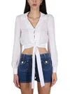 Moschino Cropped Tied-hem Silk Blouse In Bianco