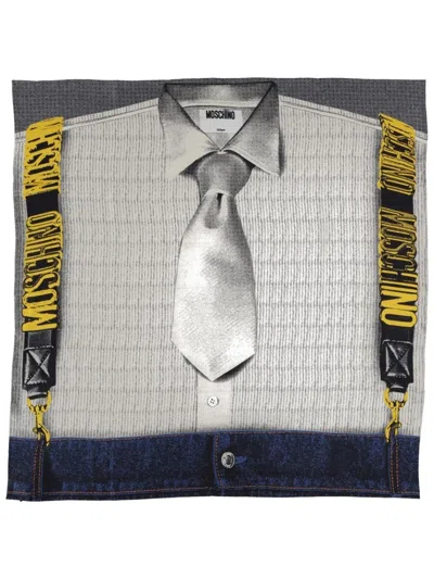 Moschino Silk Foulard With Playful Shirt And Tie Design In White