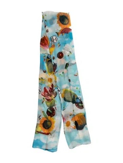 Pre-owned Moschino Silk Graphic Print Scarf In Blue