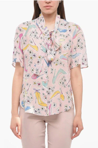 Moschino Silk Printed Shirt With Ribbon Neck In Pink