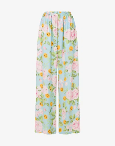 Moschino Silk Satin Pants Smiley® & Roses In Blue
