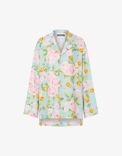 Moschino Silk Satin Shirt Smiley® & Roses In Brown