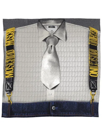 Moschino Silk Scarf With Print In Gray