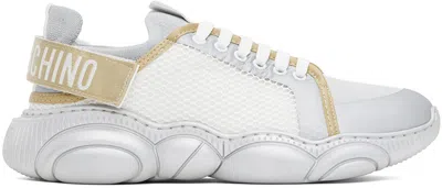 Moschino Silver & White Logo Tape Teddy Sneakers In 10a * Fantasy Color