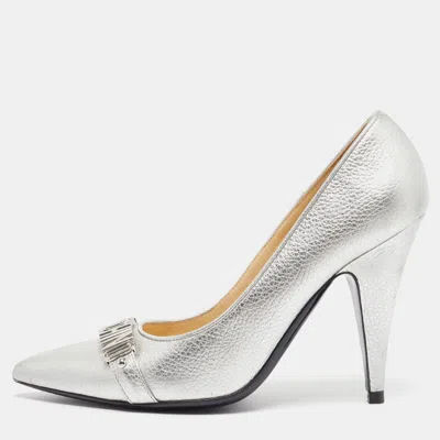 Pre-owned Moschino Silver Leather Classic Logo Pumps Size 40