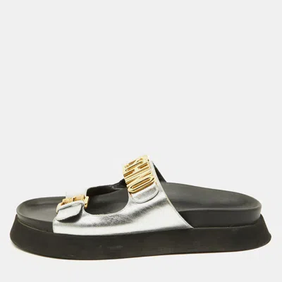 Pre-owned Moschino Silver Leather Logo Buckle Detail Chunky Slide Sandals Size 39