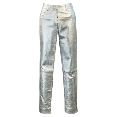 Pre-owned Moschino Size 2 Metallic Silver Leather Jean Cut Casual Pants