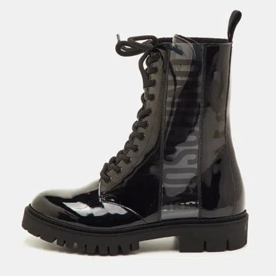Pre-owned Moschino Size 36 Black Patent Leather And Pvc Logo Lace Up Combat Boots