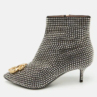 Pre-owned Moschino Size 37 Black Satin Crystal Embellished Ankle Length Boots