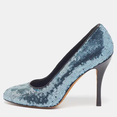 Pre-owned Moschino Size 37.5 Blue Sequins Round Toe Pumps