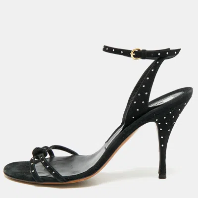 Pre-owned Moschino Size 38 Black Suede Ankle Wrap Crystal Embellished Sandals