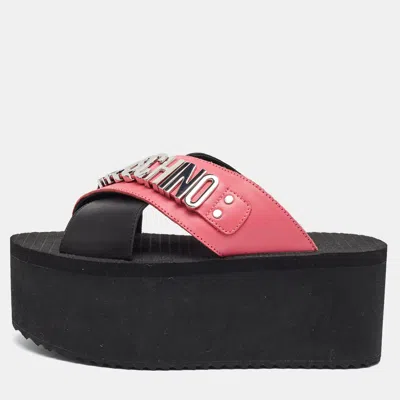 Pre-owned Moschino Size 39 Black/pink Leather Logo Platform Sandals