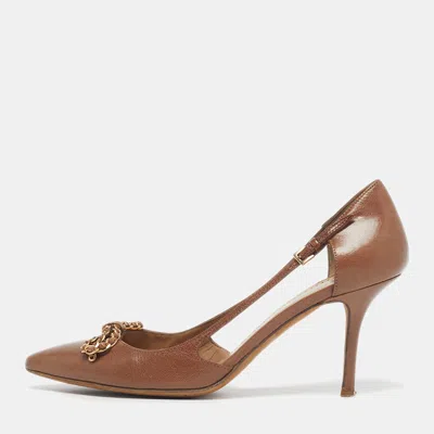 Pre-owned Moschino Size 39 Brown Leather Bow Chain Link Pumps