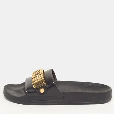 Pre-owned Moschino Size 40 Black Leather Logo Pool Slide