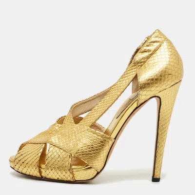 Pre-owned Moschino Size 40 Gold Python Leather Strappy Platform Sandals