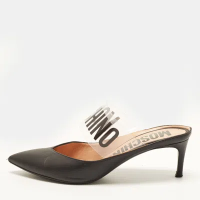 Pre-owned Moschino Size 40 Transparent/black Leather And Pvc Logo Print Mules