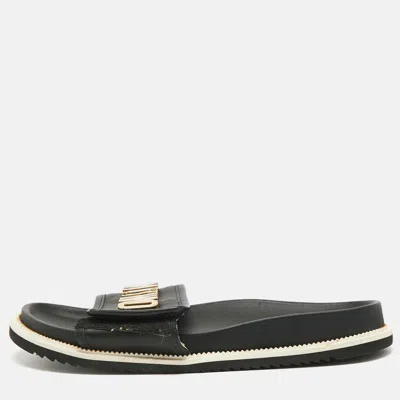 Pre-owned Moschino Size 44 Black Leather Logo Flat Slides