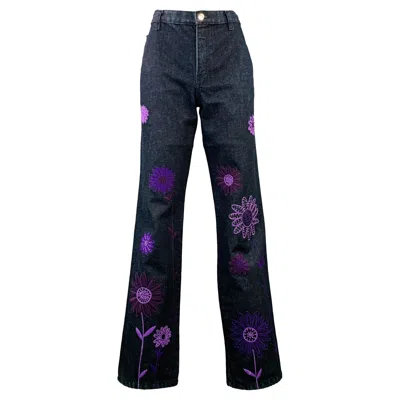 Pre-owned Moschino Size 6 Indigo Purple Denim Twill Floral Straight Jeans