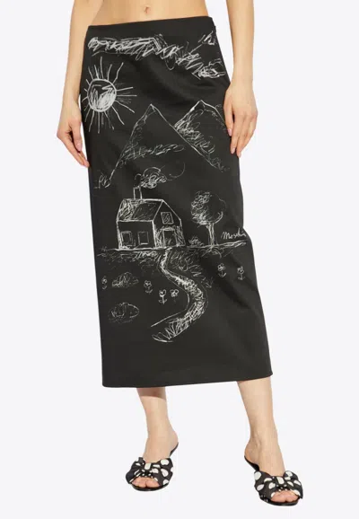 Moschino Sketch Print Midi Skirt In Black