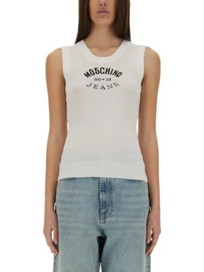 Moschino Slim Fit Knit Top With Inlay Logo In White