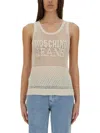 Moschino Jeans Mesh Top With Logo In Neutral