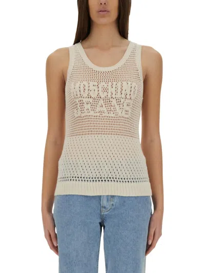 Moschino Slim-fit Mesh Top With Distinctive Logo Design In Neutrals