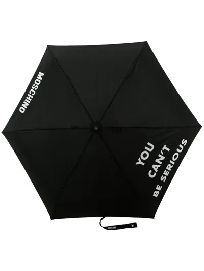 Moschino Slogan-print Foldable Umbrellla In Black