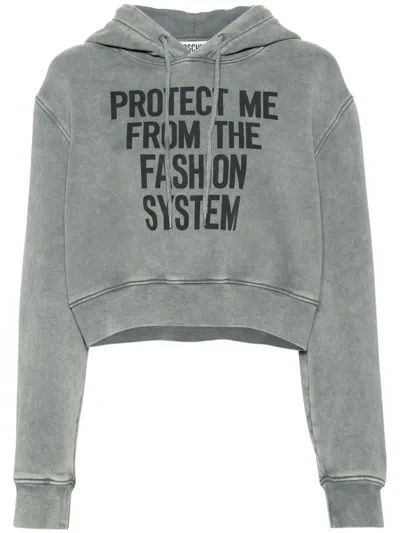 Moschino Slogan-print Organic-cotton Hoodie In Grey
