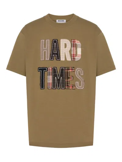 Moschino Slogan Print-print Cotton T-shirt In Brown