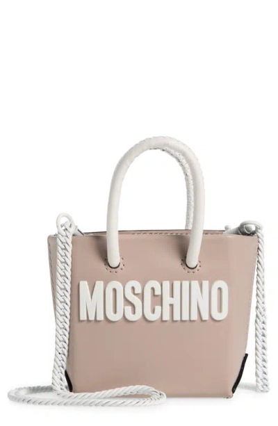 Moschino Small Still Life Logo Leather Tote In A2473 Fantasy Print Grey