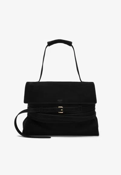 Moschino Small Suede Shoulder Bag In Black