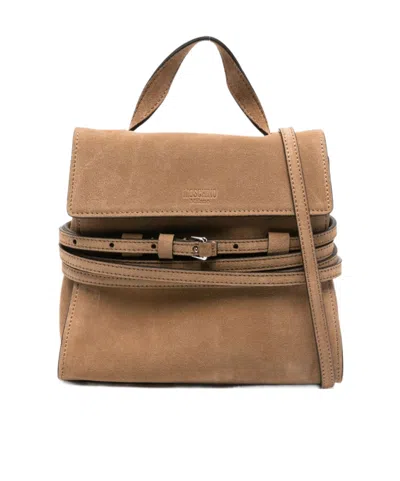 Moschino Small Tie Me Suede Tote Bag In Brown