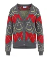 Moschino Jacquard Smile Wool Blend Cardigan In Gray