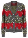 Moschino Jacquard Smile Wool Blend Cardigan In Gray