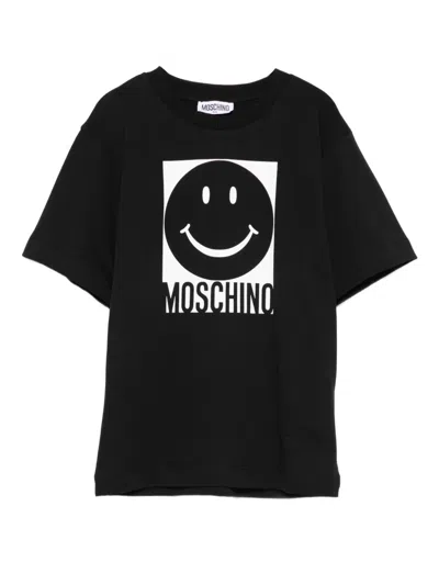 Moschino Kids' Smiley-face Cotton T-shirt In Black