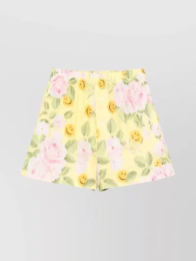 Moschino Smiley Face Floral Print Elastic Waist Shorts In Multi Yellow