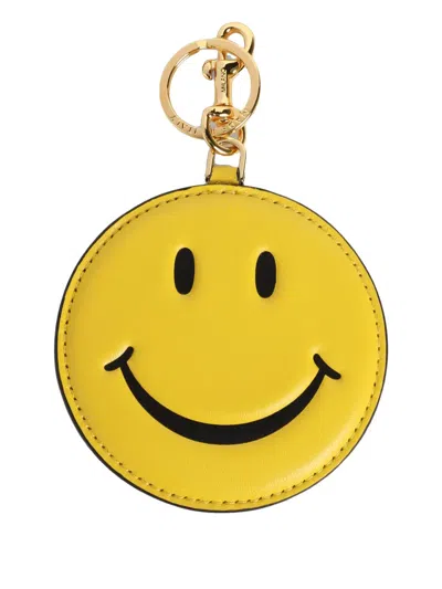 Moschino Smiley-face Leather Keychain In Yellow
