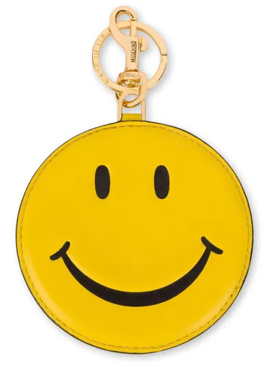 Moschino Smiley-face Leather Keychain In Yellow